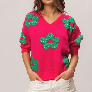 BiBi Pearl Beads Flowers Sweater Top